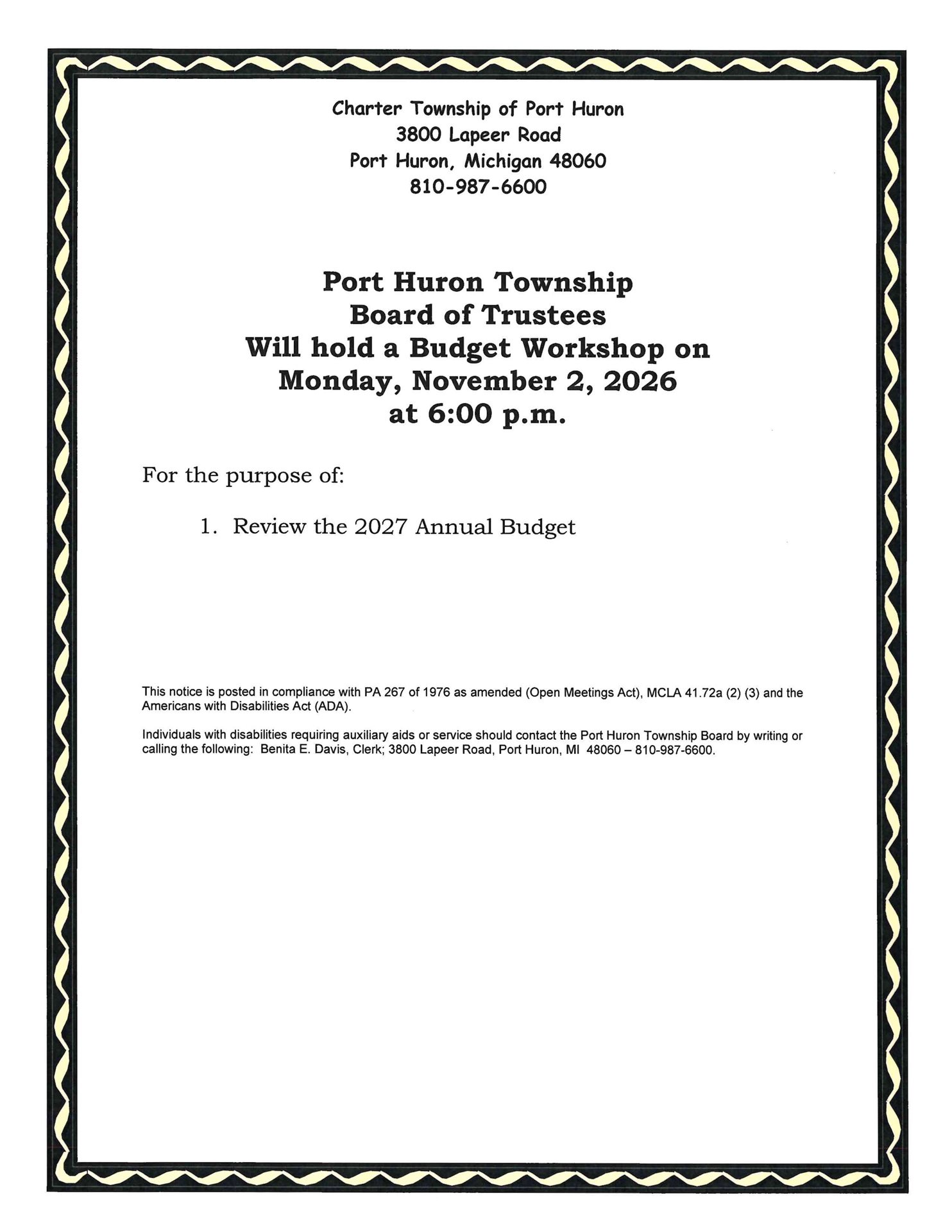 NOTICE OF PUBLIC HEARING ON PROPOSED 2027 BUDGET