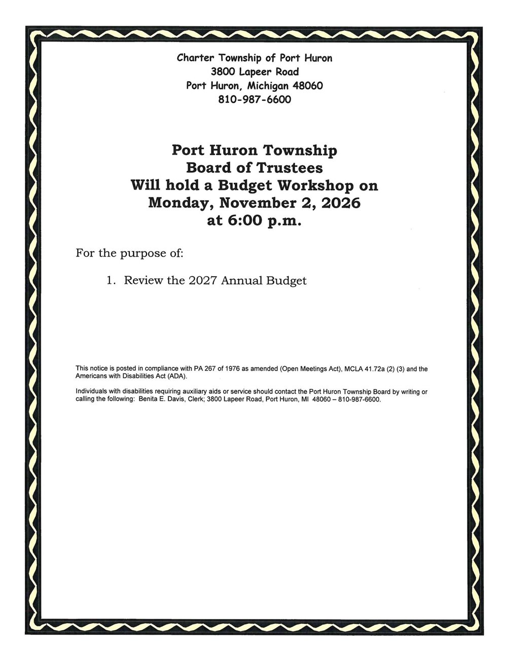NOTICE OF PUBLIC HEARING ON PROPOSED 2027 BUDGET